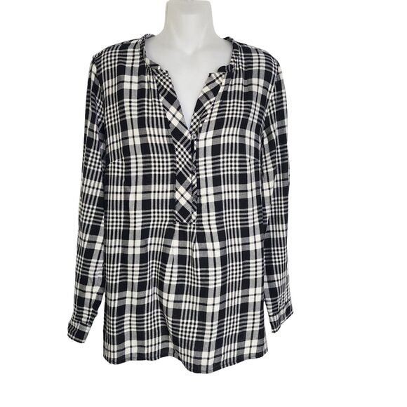 Talbots Women Top Medium Black White Plaid Popover Split Neck Long Sleeve Blouse - Picture 1 of 13